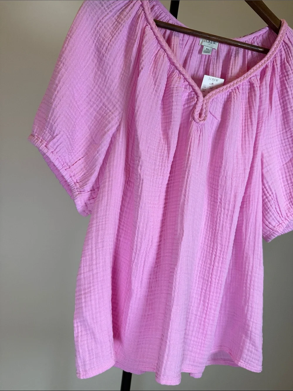 J. Crew Factory Pink Cotton Gauze Puff Sleeve Braided Neck Top | Size XL - Picture 3 of 8
